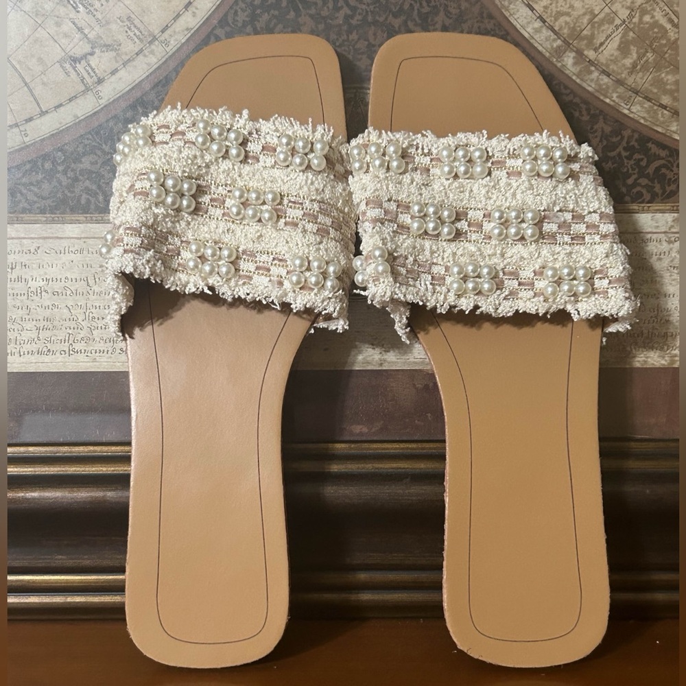 Boutique Style • Pearl Embellished Fringe Slide Sandals • EU 38 / US 7.5–8